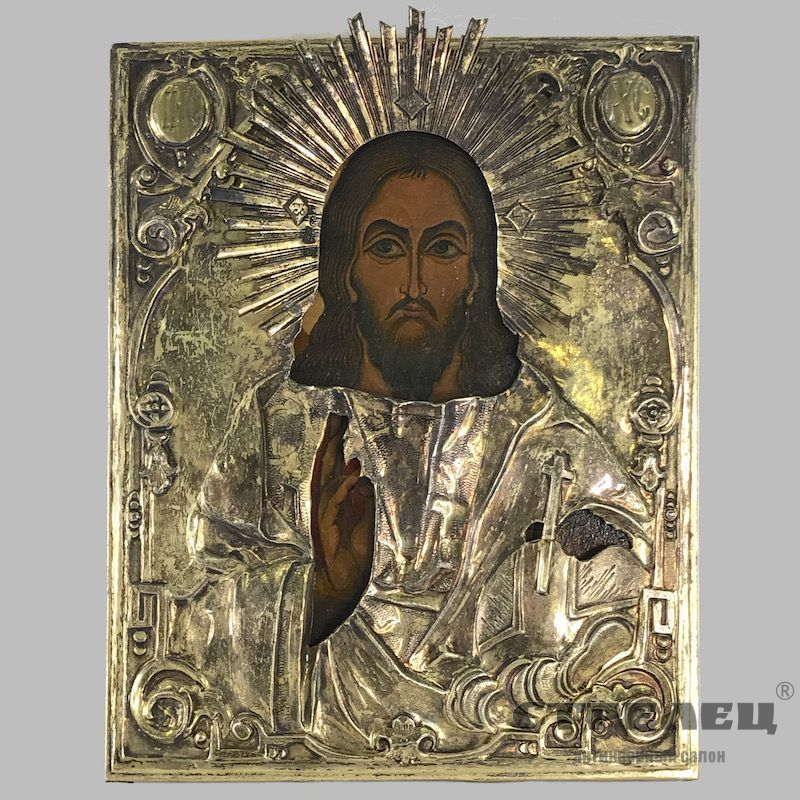 картинка икона в серебряном окладе «спас вседержитель», конец 19 века