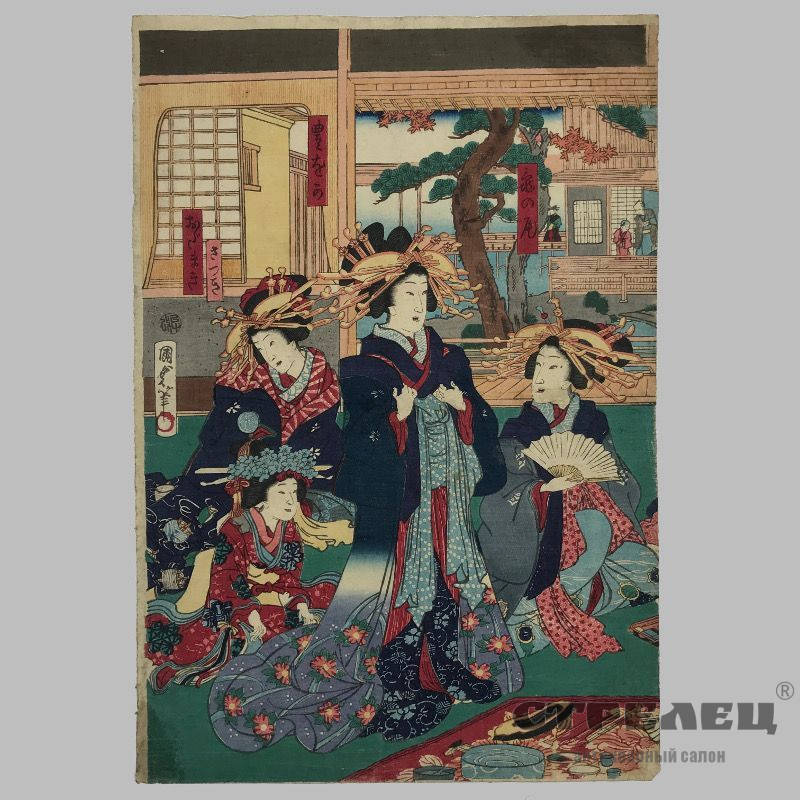 картинка японская гравюра у-киё-э «три знатные дамы», 19 век