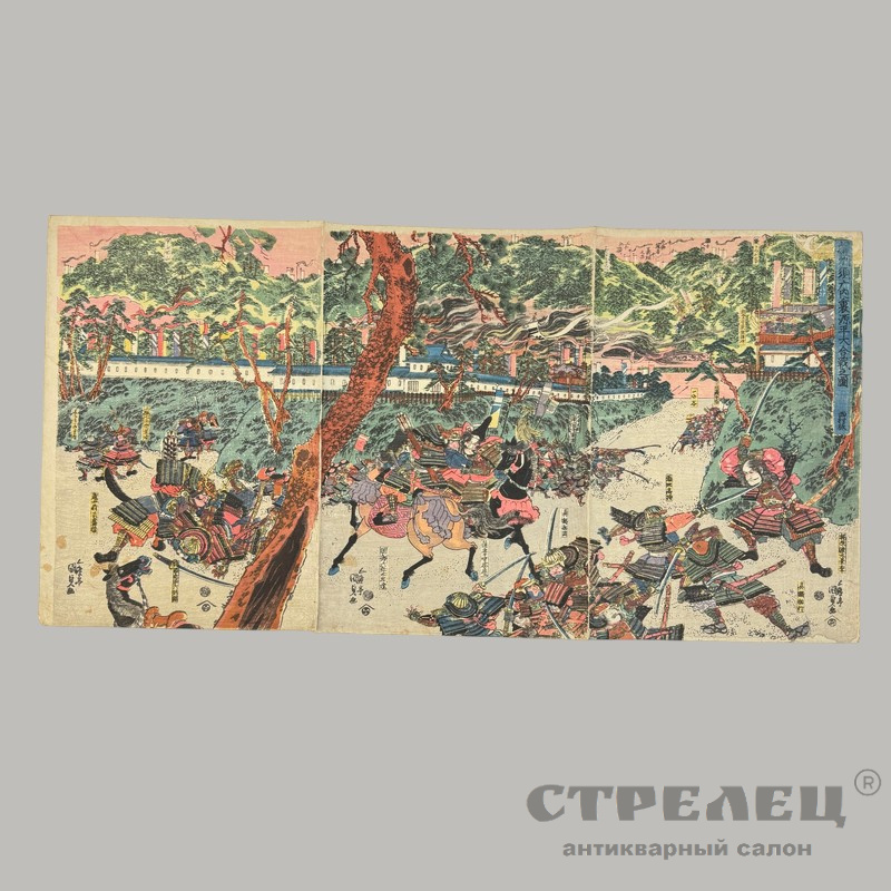 фото — муся-э триптих «сражение войск минамото и тайра». утагава кунисада ii. япония, 19 век