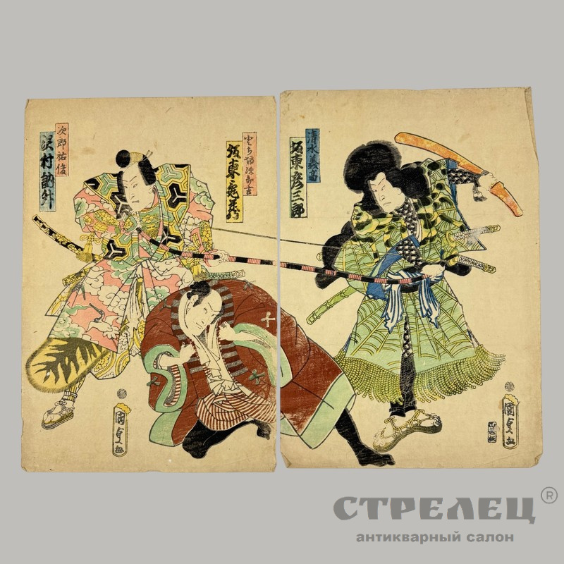 фото — укиё-э диптих «сцена из театра кабуки». тоёкуни iii. япония, сер . 19 в.