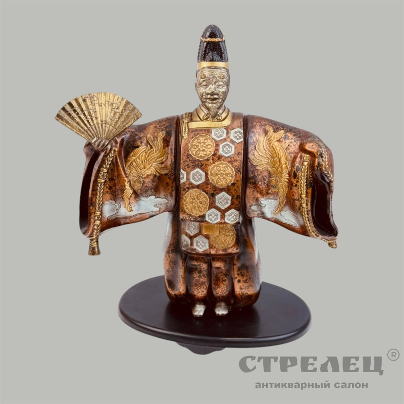 фото — японская бронзовая статуэтка «окина» — актёр театра но