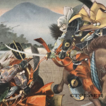 картинка японский цветной принт «удар с коня», начало 20 века
