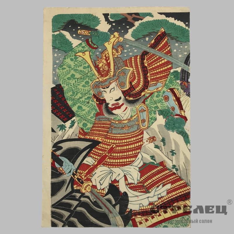 картинка — японская гравюра у-киё-э «самурай в красном доспехе»