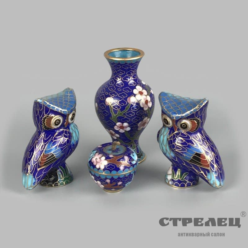 картинка набор в технике клуазоне «две совы, вазочка, чайница». китай