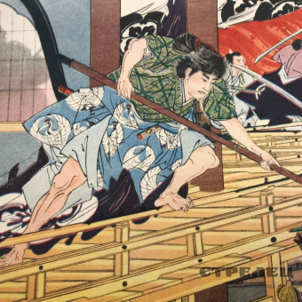 картинка цветной принт «сражение у дома». япония, начало 20 века