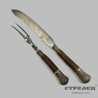 картинка — нож и вилка для мяса (охотничий набор). англия, 1881 год