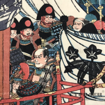 картинка японская гравюра у-киё-э «совет самураев на корабле», 19 век