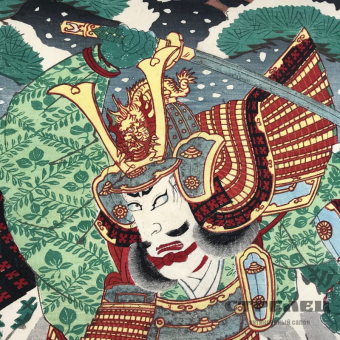 картинка — японская гравюра у-киё-э «самурай в красном доспехе»