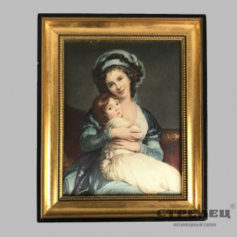 картинка «портрет молодой мамы с девочкой». шелкография. франция, 19 век