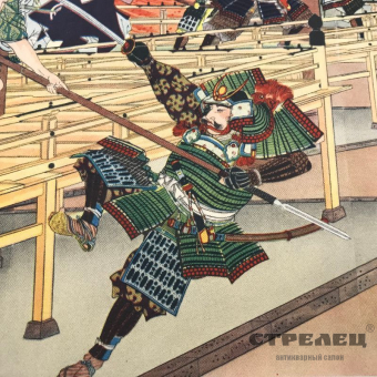 картинка цветной принт «сражение у дома». япония, начало 20 века