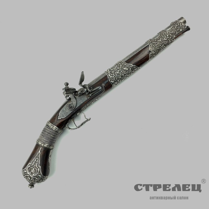 картинка — пистолет бельгийский кремнёвый в серебре, конец 18 века